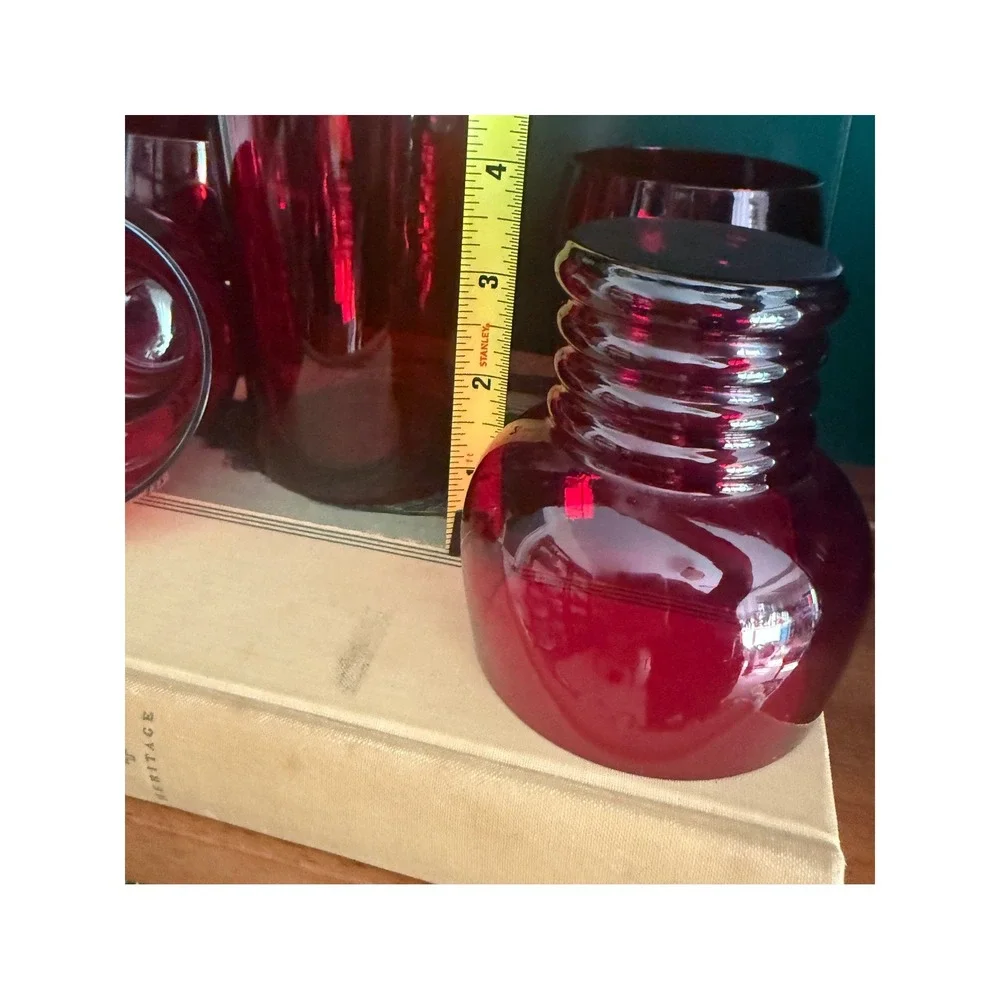 Vintage Art Deco Ruby Red Glass Cocktail Shaker Set‎ with 4 Ribbed Glasses 5pc
